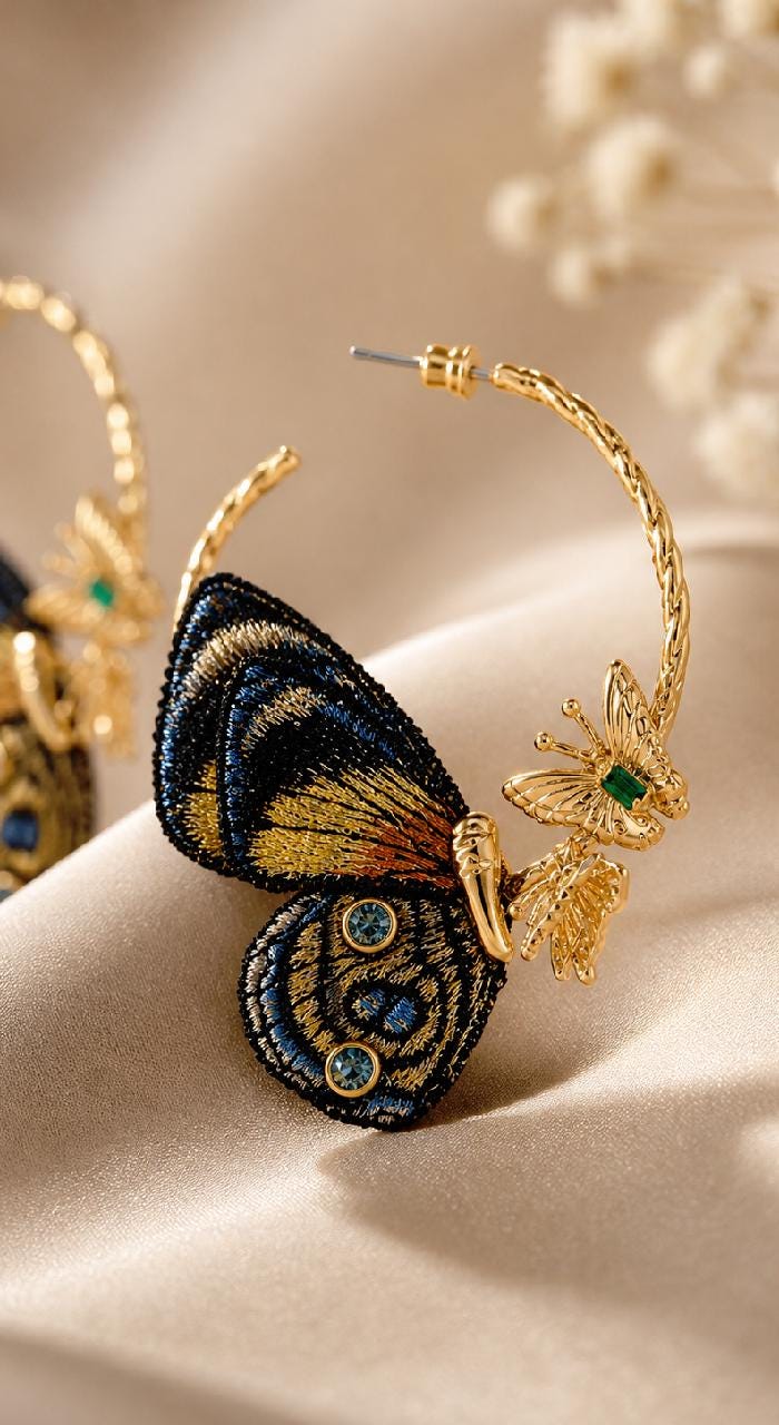 Embroidered Butterfly Hoop Earrings, Gold Insect Statement Jewelry, Boho Vintage Nature Inspired