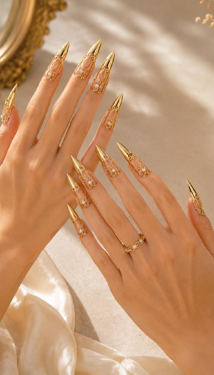 Gold Armor Nail Rings, Medieval Gothic Fingertip Jewelry, Fantasy Hanfu Claws