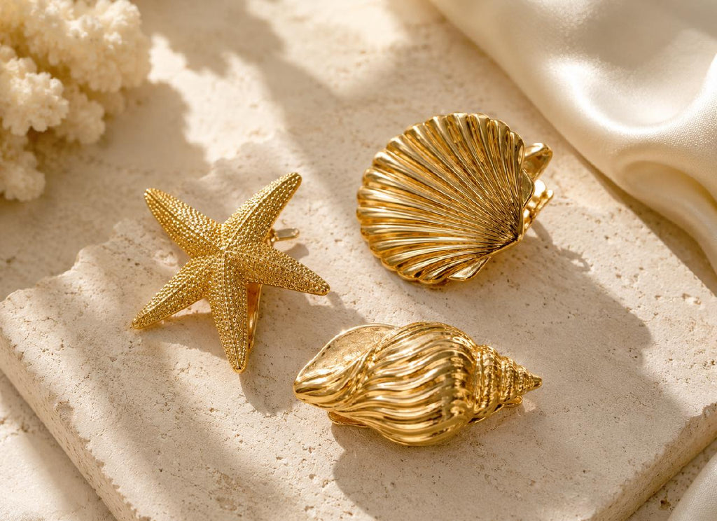 Gold Seashell Starfish Hair Clips Set, Mermaid Bridal Beach Accessories