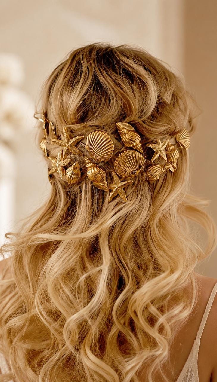 Gold Seashell Starfish Hair Clips Set, Mermaid Bridal Beach Accessories
