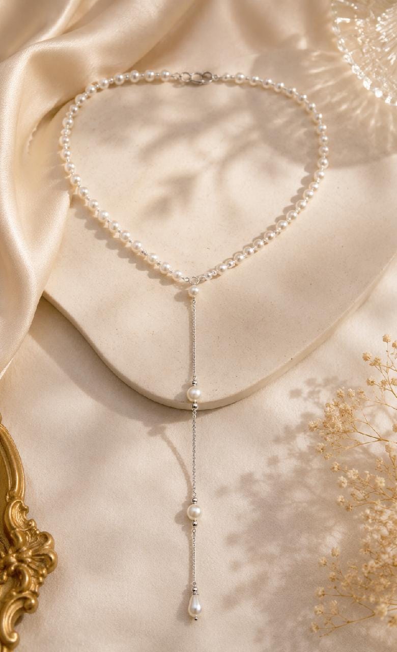 Bridal Pearl Back Necklace, Silver-Tone Drop Chain, Open Back Wedding Jewelry
