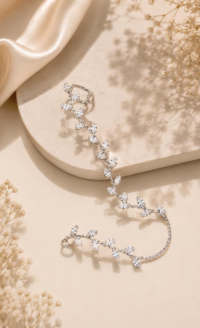 Silver Crystal Leaf Vine Hand Chain Bracelet, Bridal Boho Wedding Jewelry