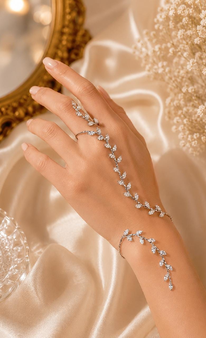 Silver Crystal Leaf Vine Hand Chain Bracelet, Bridal Boho Wedding Jewelry