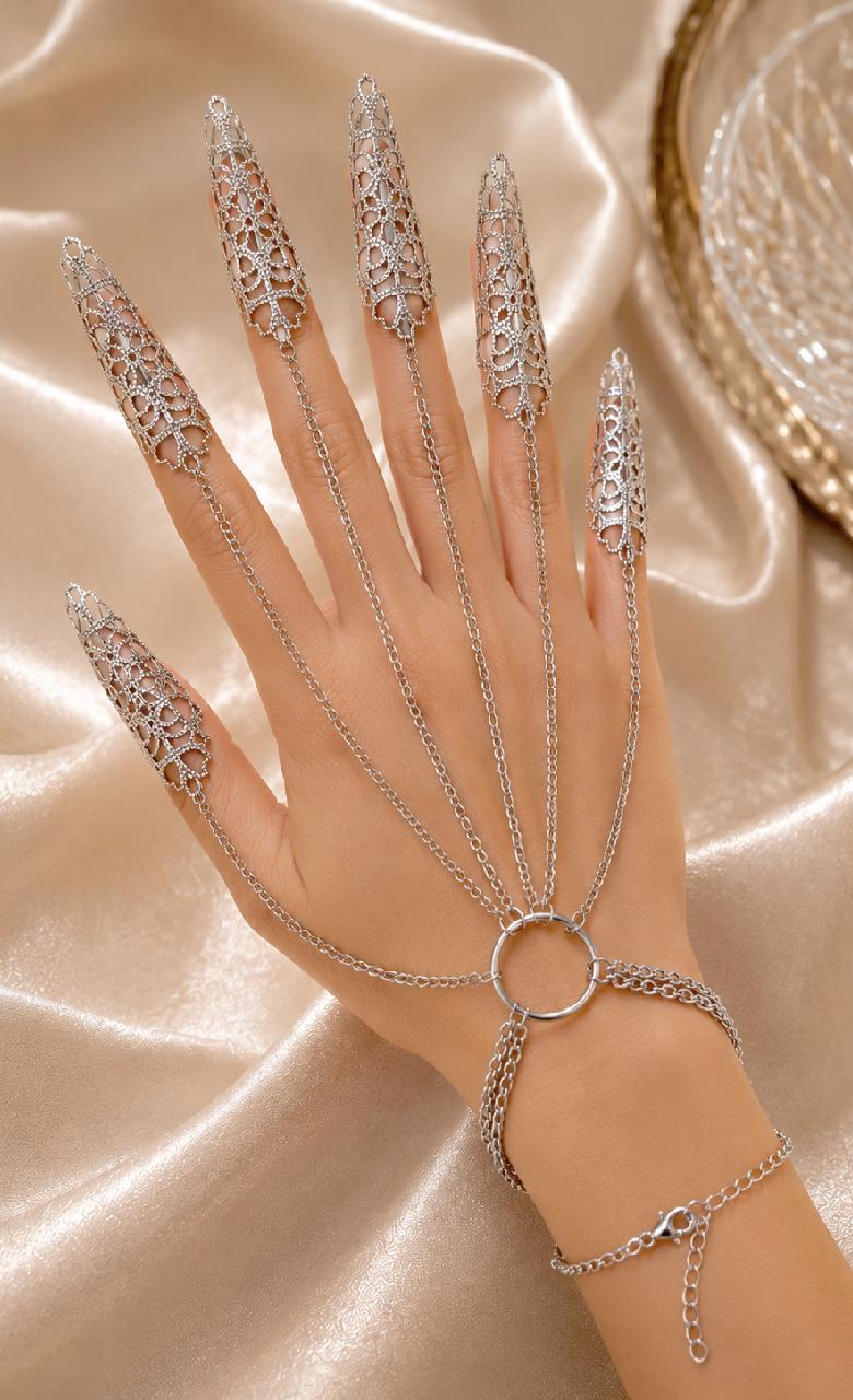 Silver Gothic Finger Claw Hand Chain Bracelet, Medieval Armor Statement Jewelry