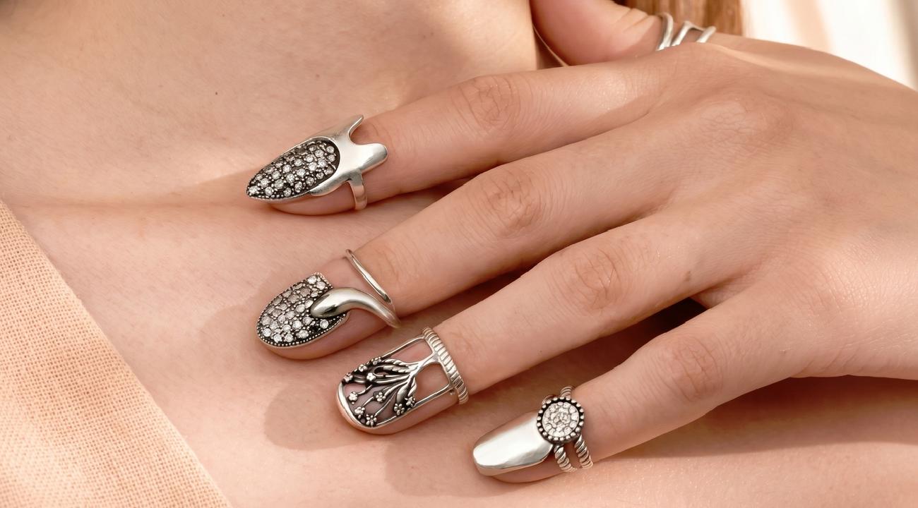 Sterling Silver Snake Nail Ring Set, Gothic Y2K Statement Fingertip Jewelry