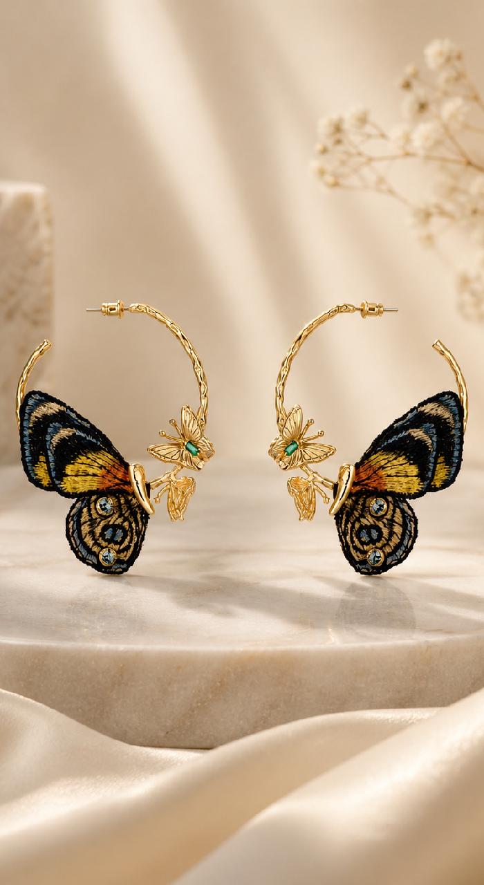 Embroidered Butterfly Hoop Earrings, Gold Insect Statement Jewelry, Boho Vintage Nature Inspired