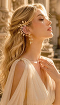 May include: A gold-colored ear cuff with a leaf design, adorned with small white beads. The jewelry is worn on the ear and cascades down. The model is wearing a cream-colored dress.