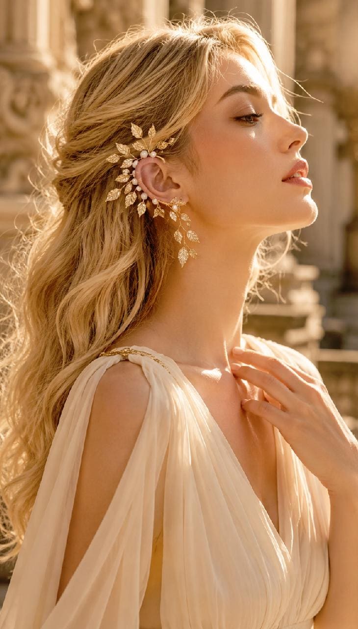 May include: A gold-colored ear cuff with a leaf design, adorned with small white beads. The jewelry is worn on the ear and cascades down. The model is wearing a cream-colored dress.