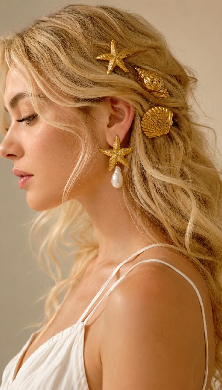Gold Seashell Starfish Hair Clips Set, Mermaid Bridal Beach Accessories