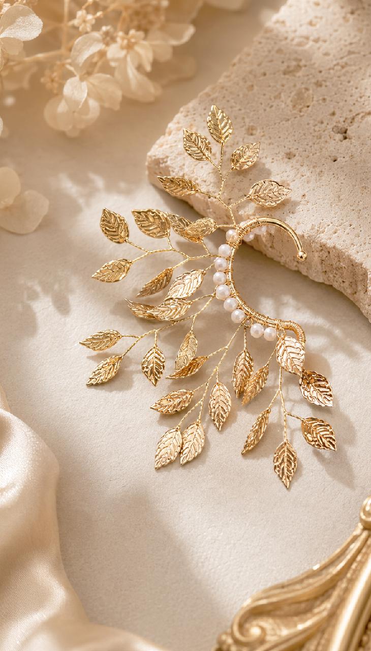 Gold Leaf Ear Cuff, Pearl Fairy Ear Wrap, Boho Bridal Ethereal Jewelry
