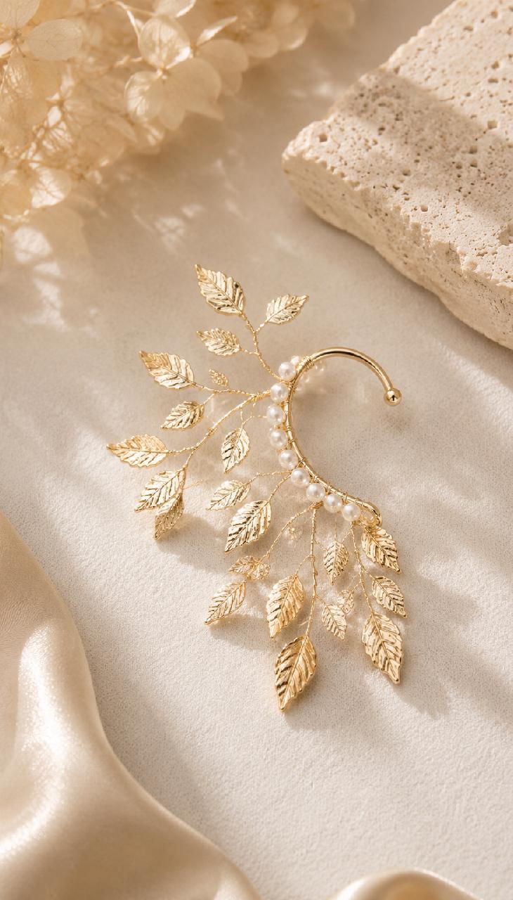 Gold Leaf Ear Cuff, Pearl Fairy Ear Wrap, Boho Bridal Ethereal Jewelry