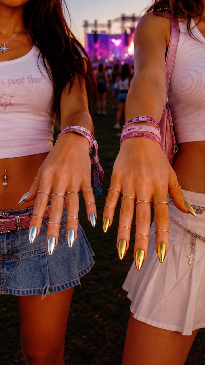 Y2K Chrome Nail Ring Set, Gold Silver Statement Fingertip Jewelry, Festival Rave Accessories