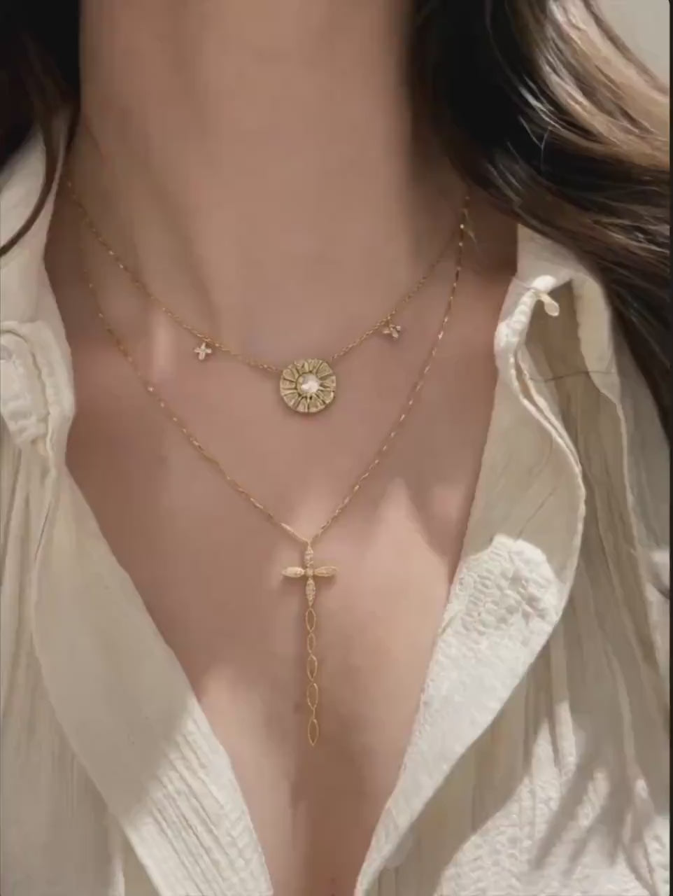 Layered Gold Necklace Set, Sun Medallion Lariat Cross, Minimalist Jewelry