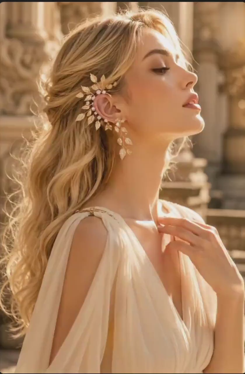 Gold Leaf Ear Cuff, Pearl Fairy Ear Wrap, Boho Bridal Ethereal Jewelry