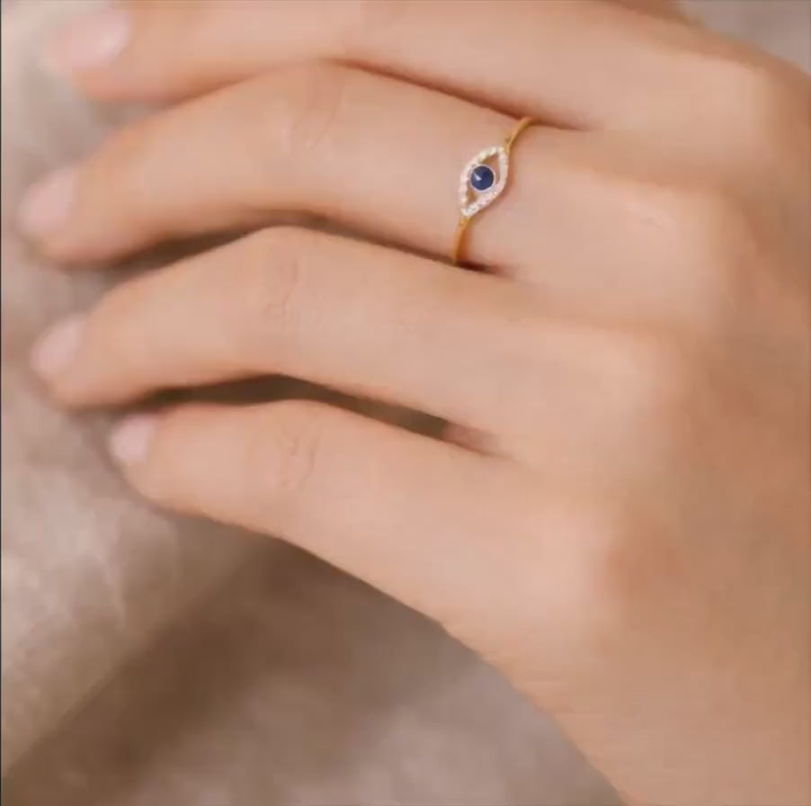 Gold Evil Eye Ring, Blue Crystal, 925 Sterling Silver, Adjustable Stacking Ring, Protection Jewelry