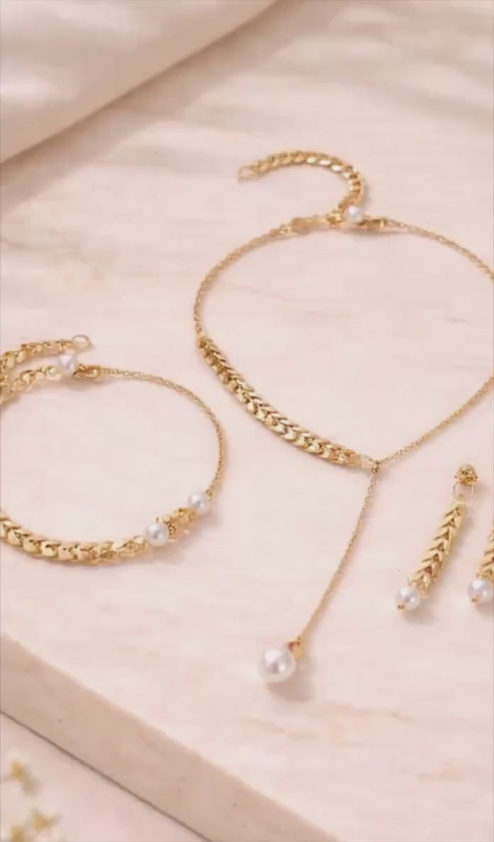 Elegant Pearl Jewelry Set, Gold or Silver Wheat Chain Necklace Bracelet Earrings