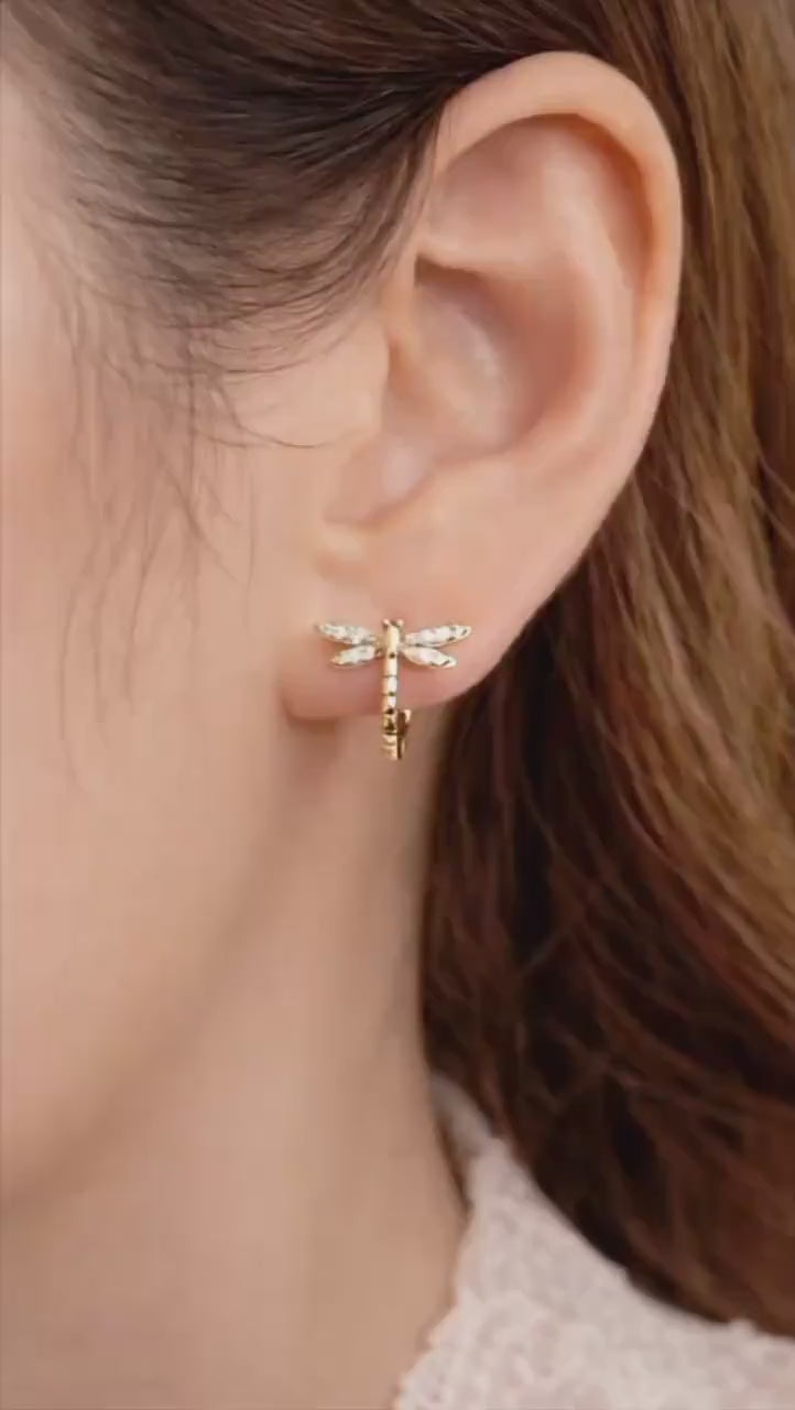 Gold Dragonfly Huggie Hoops, CZ Crystal Nature Earrings, Minimalist Women's Jewelry