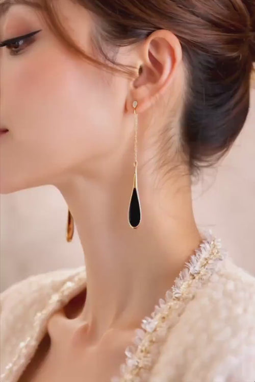 Black Teardrop Gold Chain Earrings, Minimalist Dangle Statement Jewelry