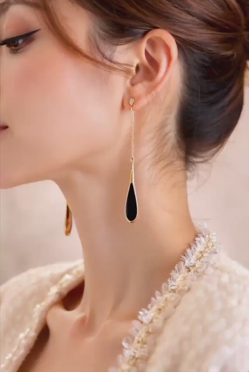 Black Teardrop Gold Chain Earrings, Minimalist Dangle Statement Jewelry