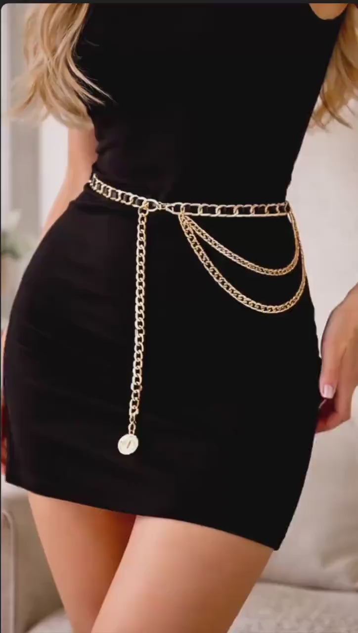 Layered Gold Chain Waist Belt, PU Leather Detail, Adjustable Body Jewelry