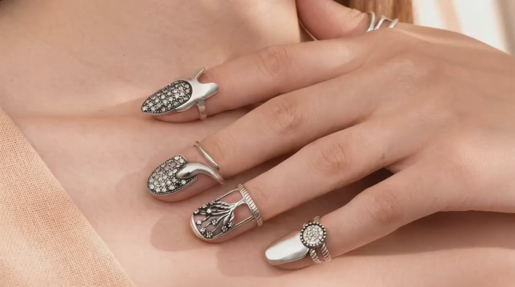 Sterling Silver Snake Nail Ring Set, Gothic Y2K Statement Fingertip Jewelry