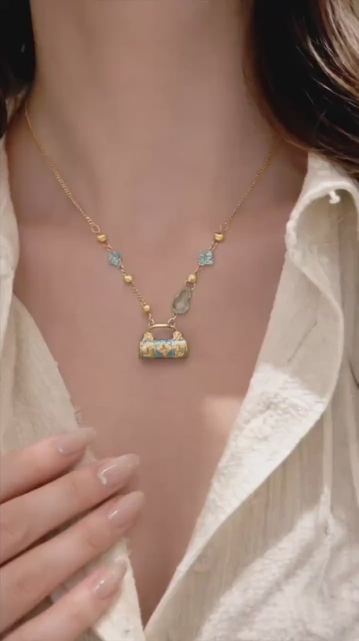 Vintage Chinese Enamel Lock Necklace | Gold Cloisonné Oriental Charm Pendant
