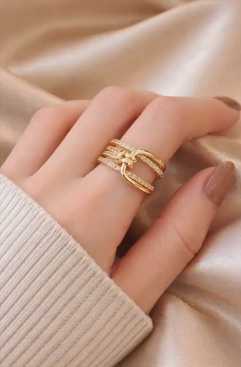 Gold Knot Ring, Multi-Layer Zircon Bands, Adjustable Statement Jewelry