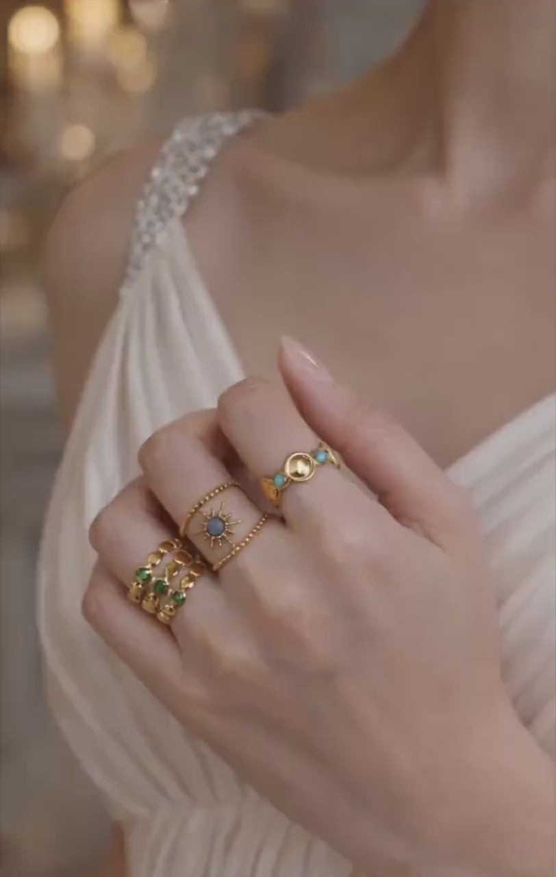 Gold Boho Celestial Ring Set, Sun Star Turquoise Green Stone Stackable Adjustable