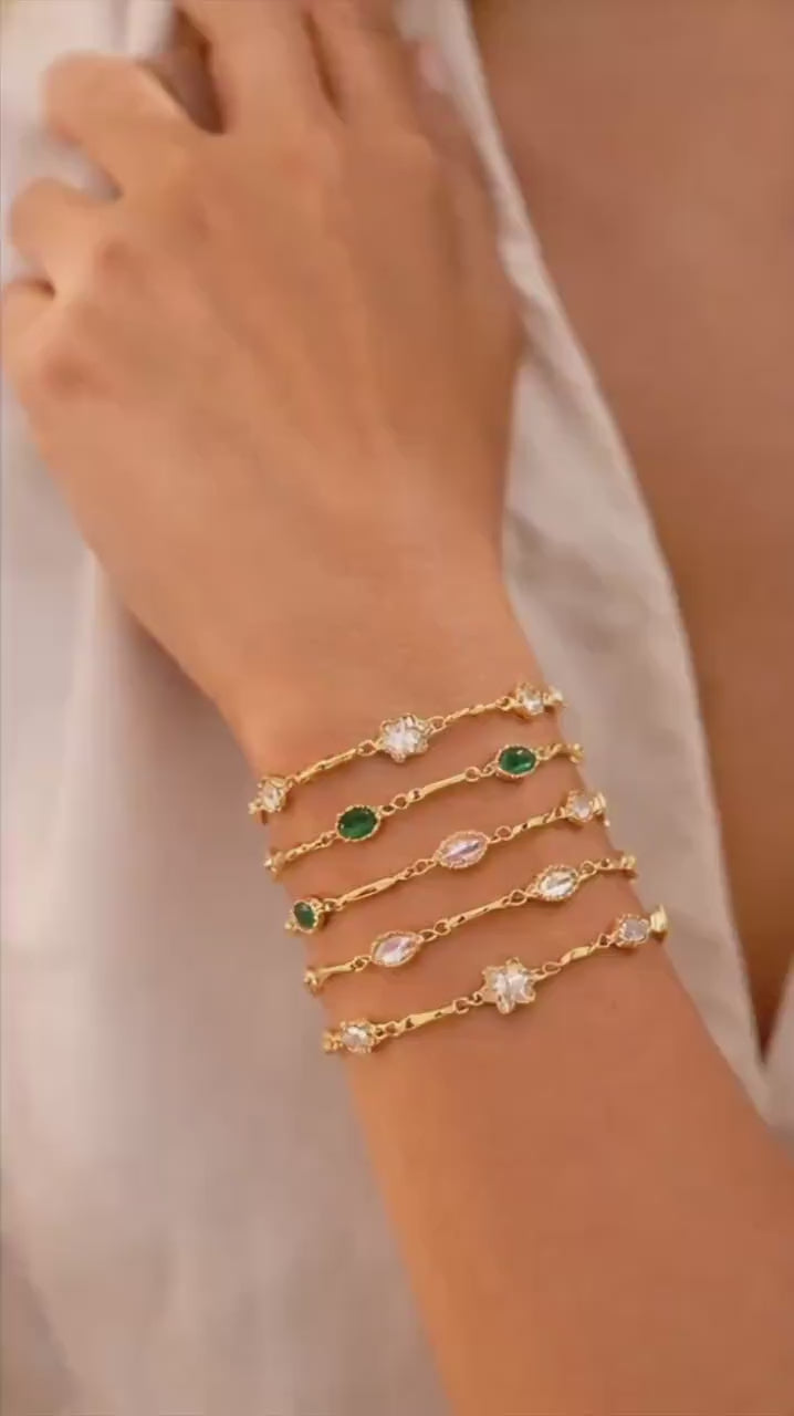 Gold Plated Charm Bracelet Set, Stainless Steel Dainty Chain, Color Gemstone Jewelry
