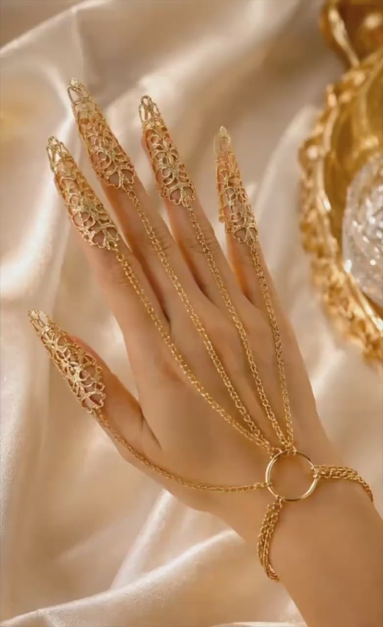 Silver Gothic Finger Claw Hand Chain Bracelet, Medieval Armor Statement Jewelry