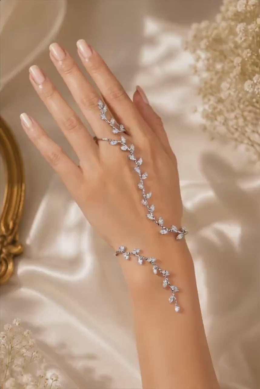 Silver Crystal Leaf Vine Hand Chain Bracelet, Bridal Boho Wedding Jewelry