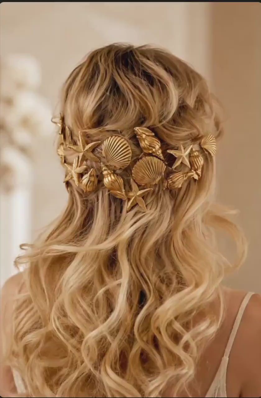 Gold Seashell Starfish Hair Clips Set, Mermaid Bridal Beach Accessories