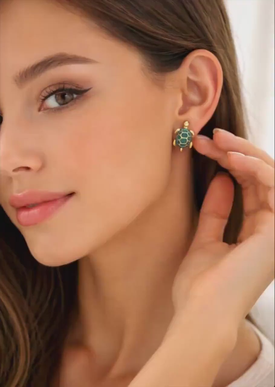 Gold Turtle Stud Earrings – Blue Crystal Shell, Vintage Animal Jewelry